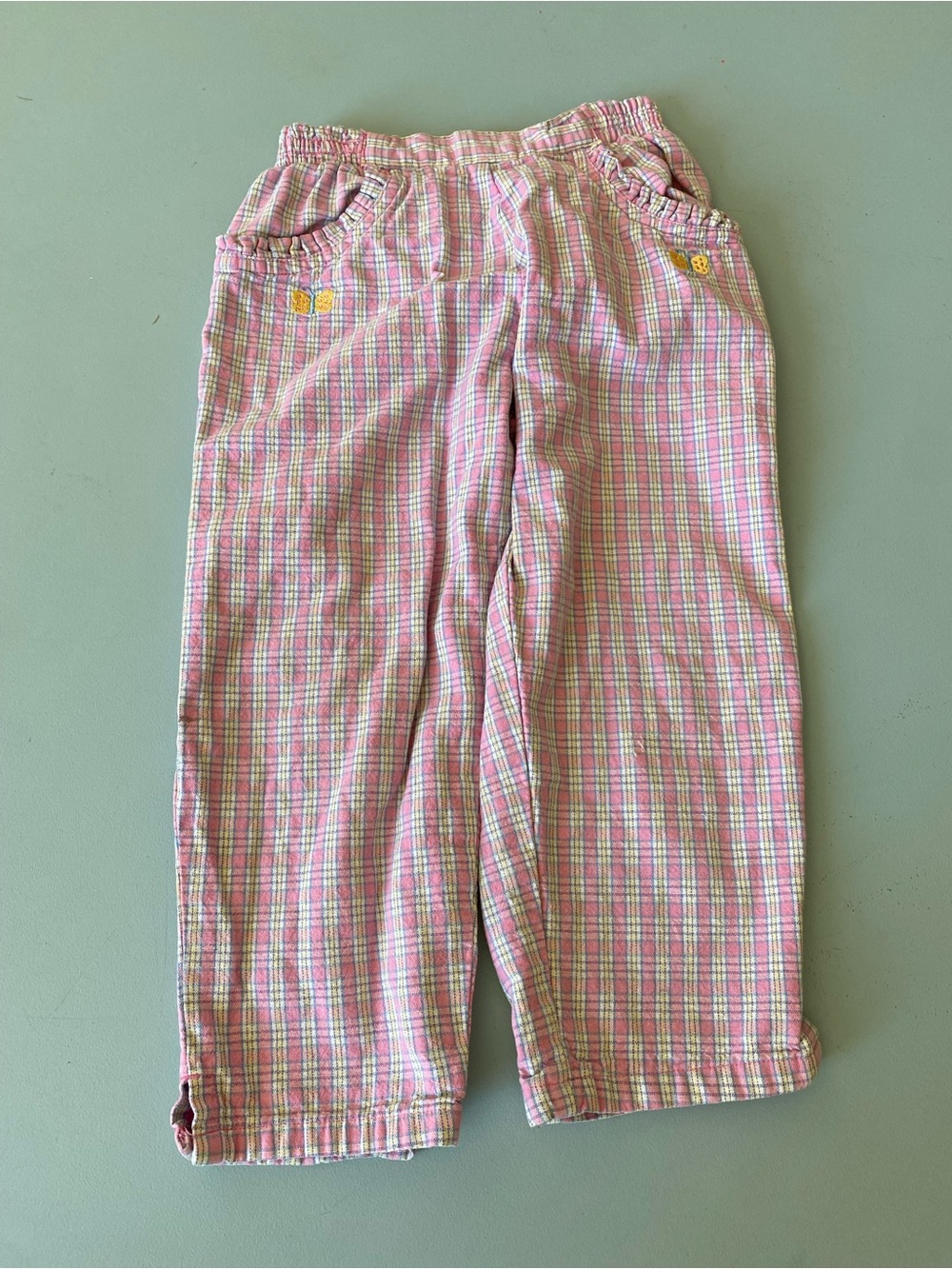 Vintage McDonald's 3T Pink Plaid Cotton Pants with Butterflies Embroidery
